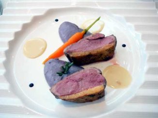 Filet de canard rosé, purée de vitelottes à l'huile de noisette, crème de volaille au vin jaune